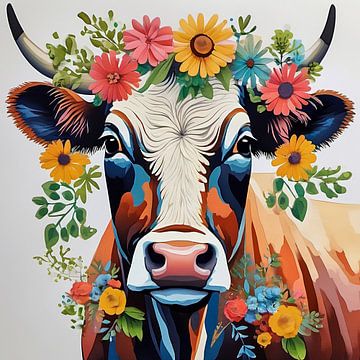 portret van een koe met bloemen Abstract van Jessica Berendsen