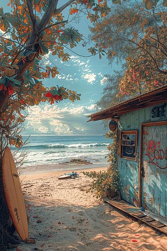 Kleurrijk strandhuisje met surfplanken