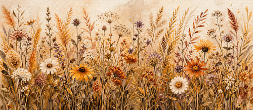 Panorama mit Herbstblumen und Herbstgräsern in Erdtönen von Studio Pieternel