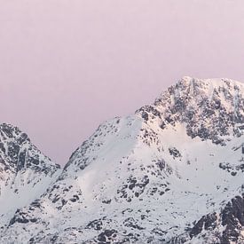 Bergen in sneeuw bij zonsondergang | Roze pastel reisfotografie | Lofoten, Noorwegen van Dylan gaat naar buiten