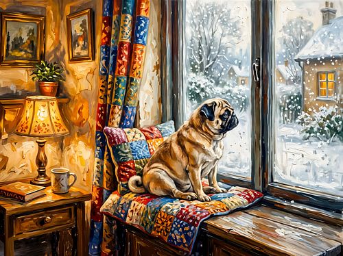 Verspielte Illustration von Mops auf einem Fensterbankplatz im Winter