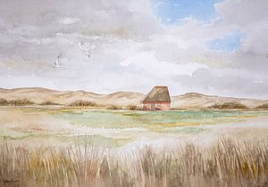 Dünenlandschaft mit Schafstall auf der Watteninsel Texel. von Galerie Ringoot
