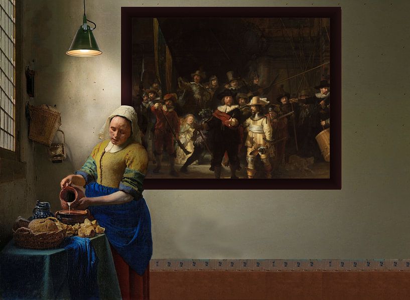 Het melkmeisje en de Nachtwacht-Vermeer en Rembrandt van Digital Art Studio
