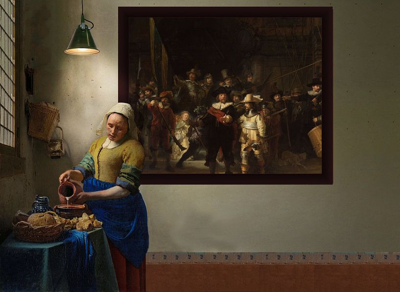 Das Milchmädchen und die Nachtwache - Vermeer und Rembrandt von Digital Art  Studio auf ArtFrame, Leinwand, Poster und mehr | Art Heroes