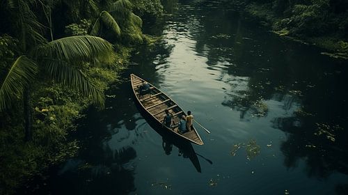 Luchtfoto van een vissersboot in het regenwoud met kanaal