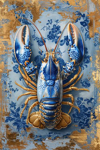 Lobster Luxe - schilderij Klassieke Delfts Blauwe Kreeft met goud van Marianne Ottemann - OTTI