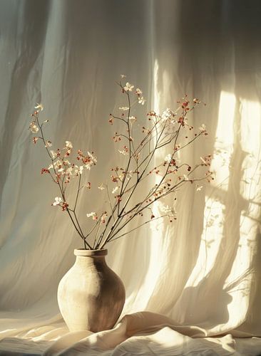 Beigefarbene Vase mit Zweigen