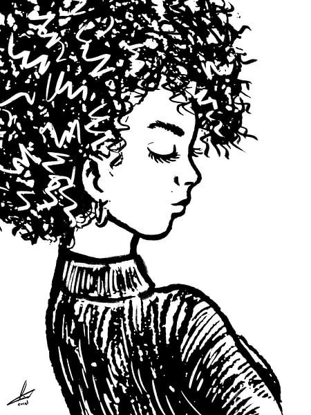 Dessin en noir et blanc d'une femme aux cheveux bouclés par Emiel de Lange