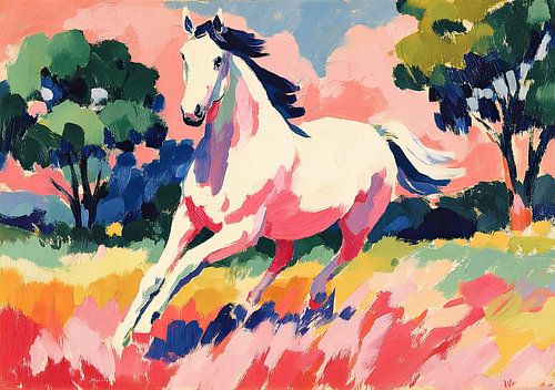 Un cheval blanc au galop coloré