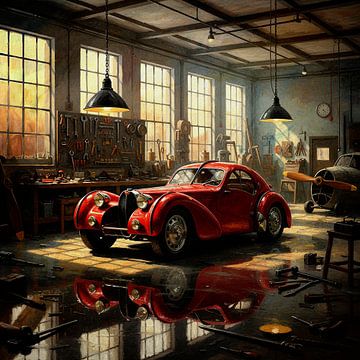 Bugatti 57 C Atlantic en peinture d'atelier vintage sur Jan Keteleer