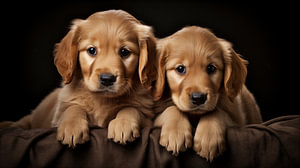 Ein Paar Golden Retriever-Welpen posiert in einem Studio mit schwarzem Hintergrund