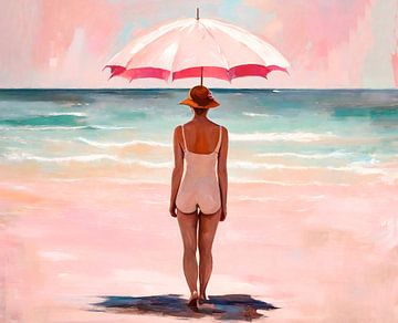 Frau mit rosa Sonnenschirm am Strand von Sabine Schemken