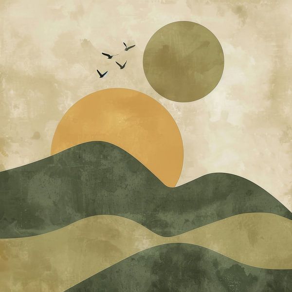 Green sunrise with birds - Minimalist landscape art by Poster Art Shop