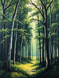 Le chemin de la forêt enchantée : Un voyage à travers les bois éclairés par le soleil et les arbres qui murmurent sur Artistic
