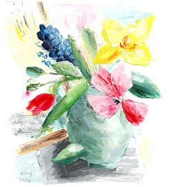 colourful spring bouquet in green jug by Atelier BIS