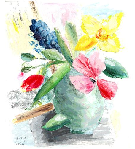 bont voorjaarsboeket in groene kan