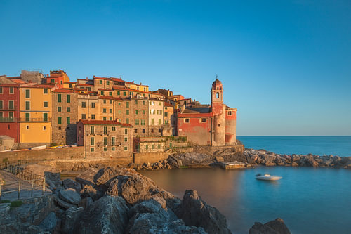 Tellaro Village and San Giorgio Church at Sunset in Liguria