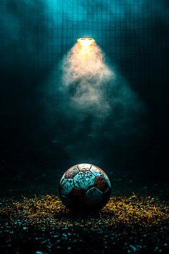Verweerde voetbal onder spotlight van Imperial Art House