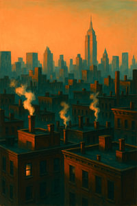 New Yorker Skyline im Dunst: Schornsteine und Wassertürme