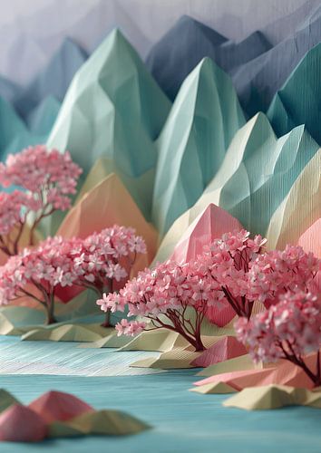 Paysage de papier avec des arbres en fleurs au bord du lac