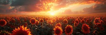 Coucher de soleil à couper le souffle sur un immense champ de tournesols en été sur Felix Brönnimann