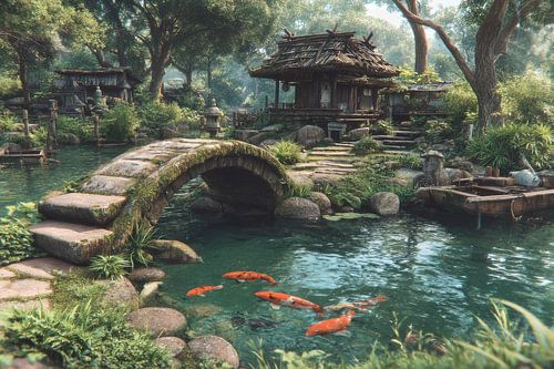 schilderacgtig Japan vijver met koi karpers