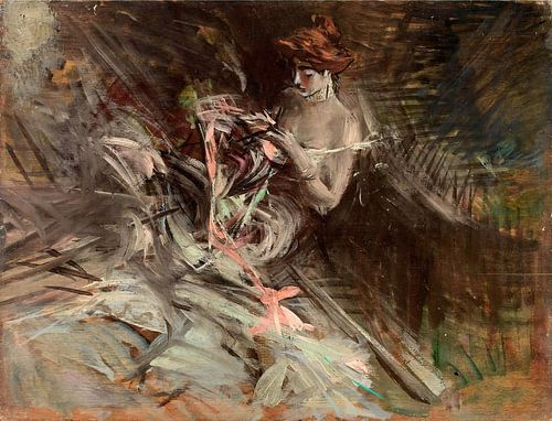 Giovanni Boldini - De baljurk (interieur met naaiend jong meisje)