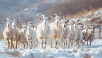 Herd of white goats in the snow panorama