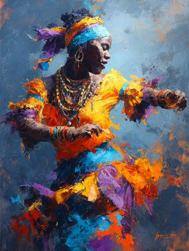 Femme dansant dans une robe traditionnelle colorée - peinture expressive et pleine d'énergie