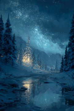 Kerstboom aan Rivier Spiegeling onder Sterrenhemel van Eva Lee