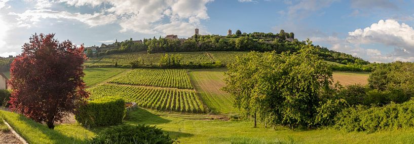 Vue et village sur une colline avec du vin en Bourgogne, France par Joost Adriaanse