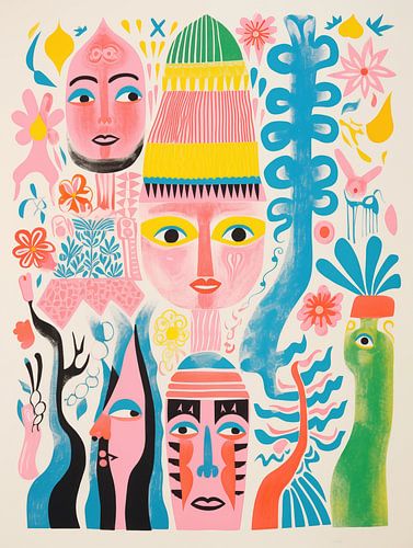 Image de famille rétro bizarre dans un baroque tropical scandinave
