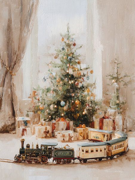 Vintage-Weihnachtsbaum mit Spielzeugeisenbahn und Geschenken im warmen Malstil von But First Framing