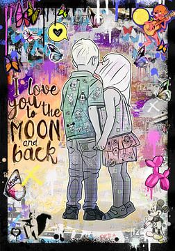 Tableau pop art toile Love U to the Moon argent Décoration murale style Banksy sur Julie_Moon_POP_ART