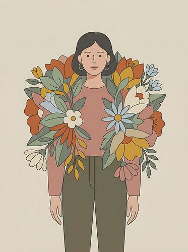 Minimalistische vrouw met bloemenillustratie