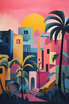 Zonsondergang in een tropische stad met kleurrijke gebouwen en palmbomen van Laila Bakker