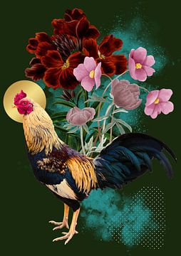 Goldener Hahn mit Vintage-Blumen von Postergirls