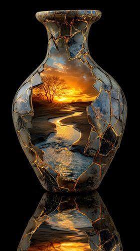 Rivier en zonsondergang in stenen vaas