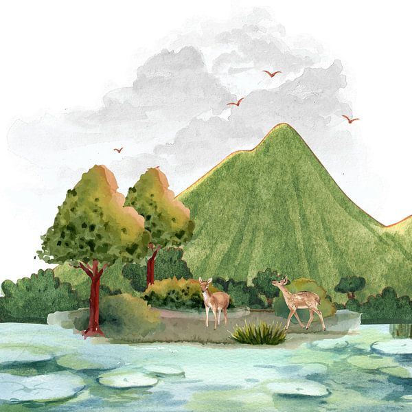 Gelassene Aquarell-Berglandschaft mit Hirschen von Geovia