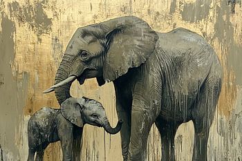 Mutter mit Elefantenbaby Gemälde