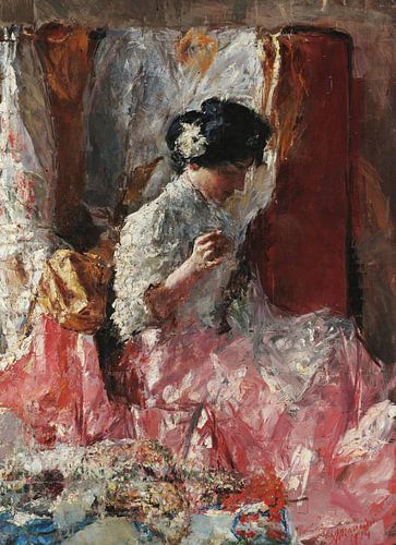 Vrouw naait, Antonio Mancini