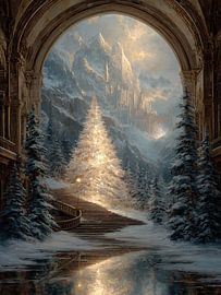 Gloeiende kerst boom bij trap van Abstract Schilderij