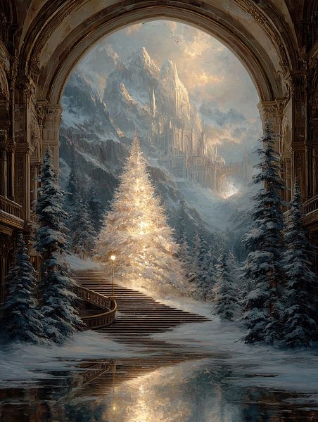 Sapin de Noël lumineux dans les escaliers par Peinture Abstraite