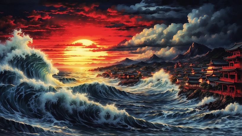 Old Japanese Village against the Background of Giant Waves and a Fiery Sunset by Bart Ros