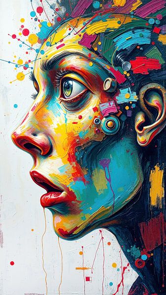 Ein Gesicht des bizarren Staunens, ein abstraktes Gesicht eingefroren im wild pulsierenden Rhythmus der Farbe, Triptychon(3 von 3) von AidasignArt