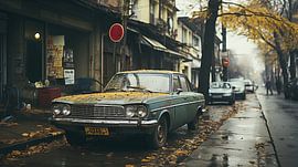 Analog 90er Straßenfotografie altes Auto in der Stadt New York mit einem herbstlichen Baum mit gelben Blättern