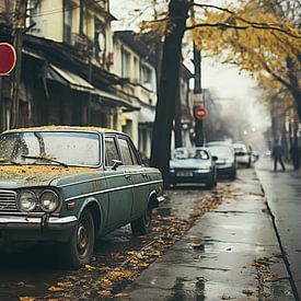 Analoge 90s straatfotografie oude auto in de stad New York met een herfstboom met gele bladeren van Animaflora PicsStock