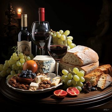 stilleven van wijn, kaas en brood von Gelissen Artworks