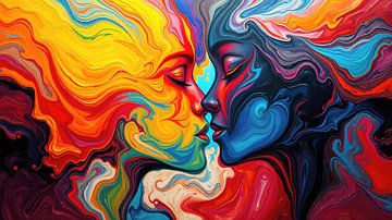 Abstractie van vrouwen - contrasten in een kus tussen warmte en koelte, passie en stilte van AidasignArt