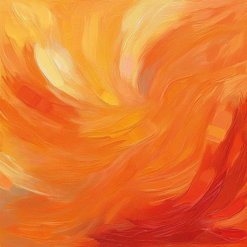 Œuvre abstraite pleine de vie, dans des tons orange et rouge